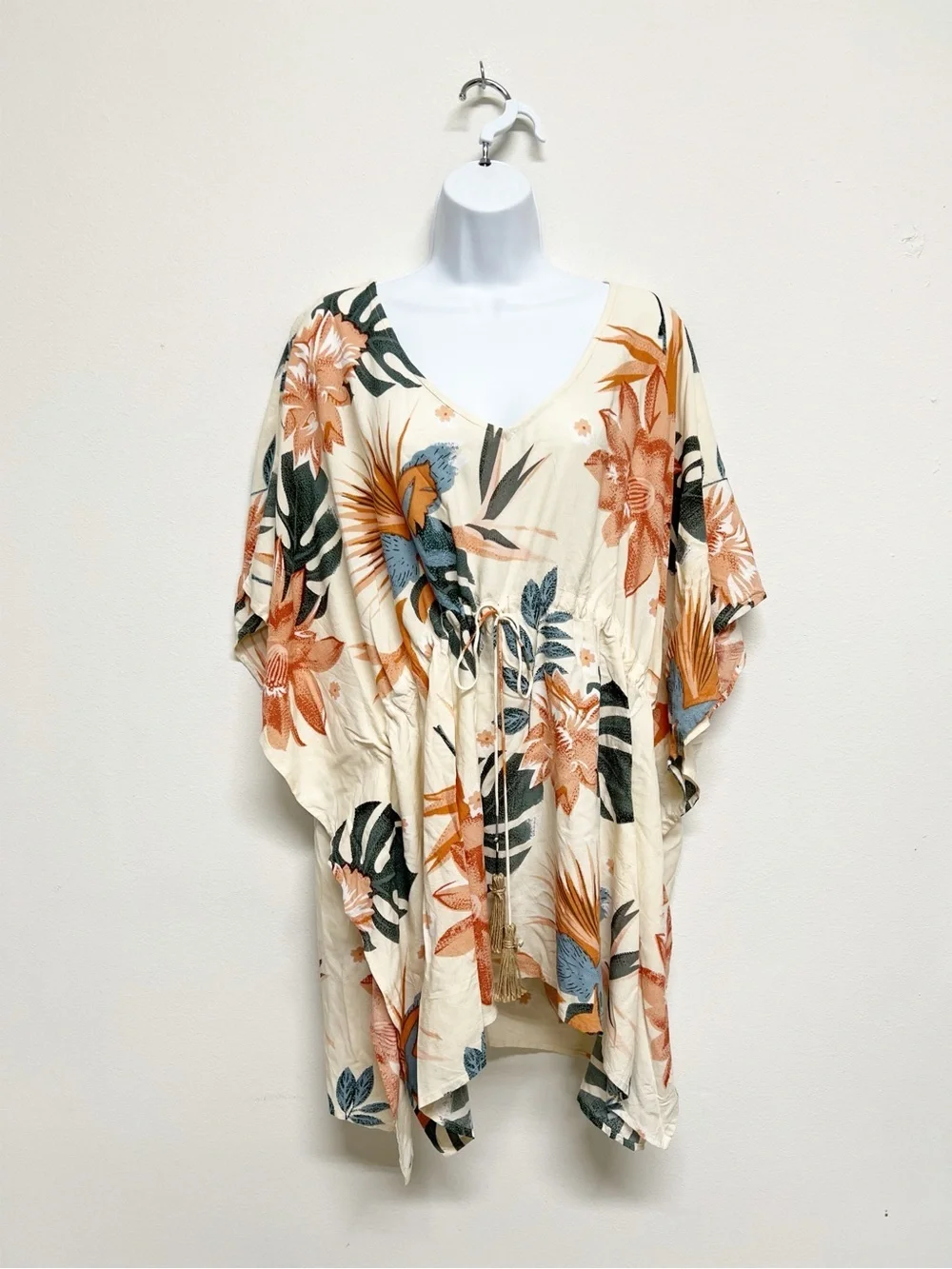 Z & L Womens Tropical Palm Print Shell Beaded Coverup Kaftan Tunic Size Medium